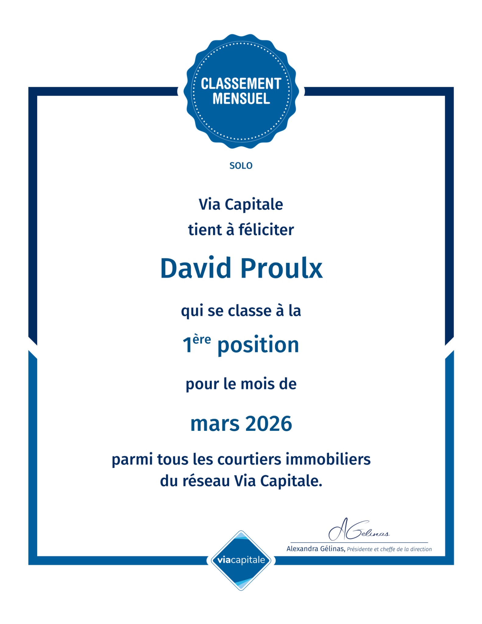 Certificat Via Capitale — David Proulx, première position solo en mars 2026